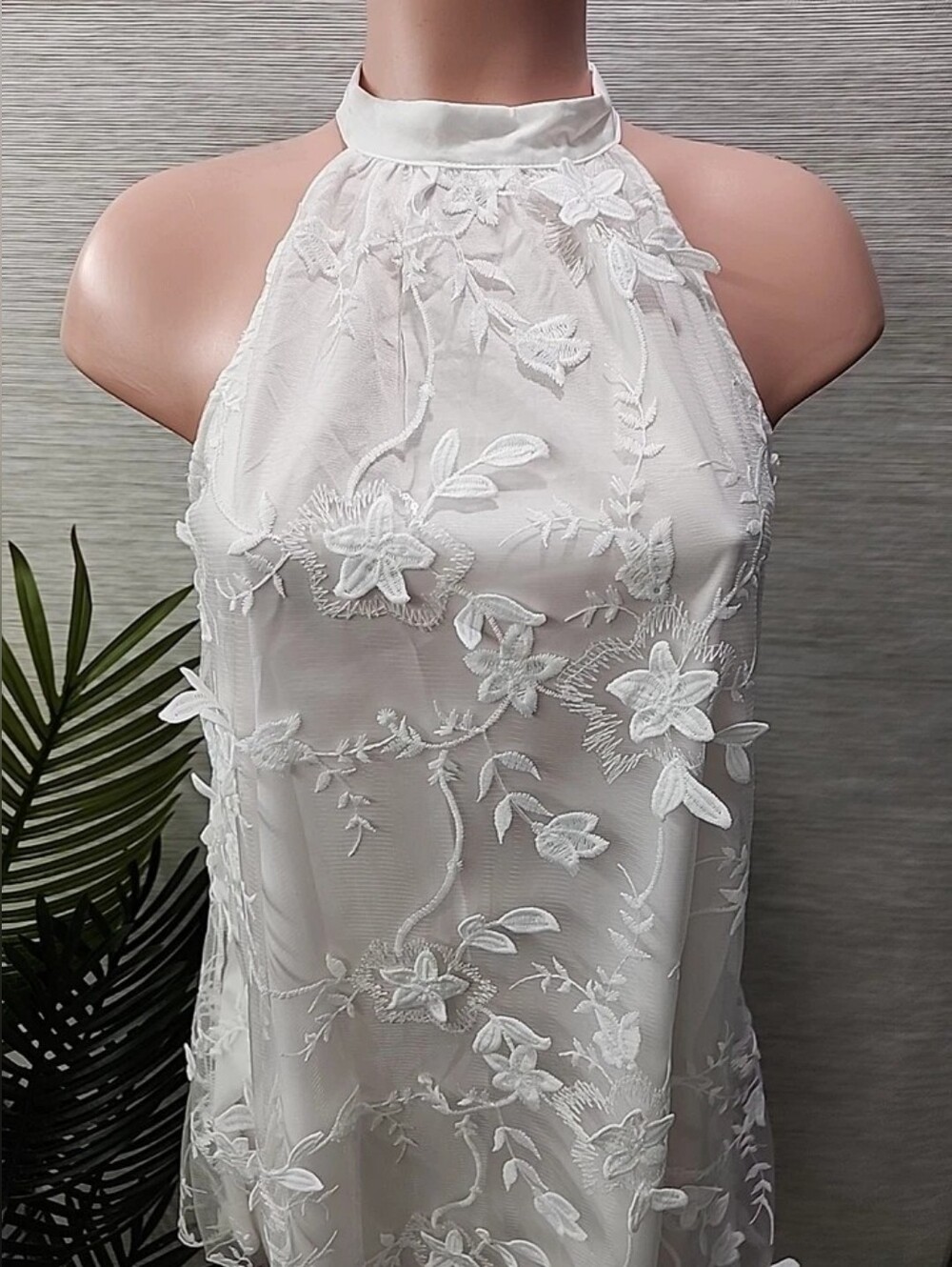 White Floral Embroidered Halter Mini Dress - Picture 4 of 5